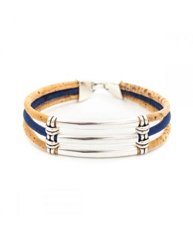 Bracelet en liège fait main trois brins de liège et tube métal argenté MaSestra - 2