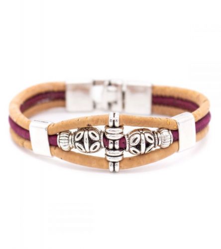 Bracelet en liège bi-colore et perle en métal argenté ciselées MaSestra - 5