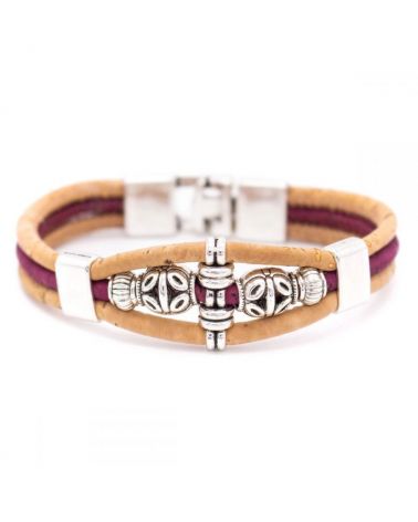 Bracelet en liège bi-colore et perle en métal argenté ciselées MaSestra - 5