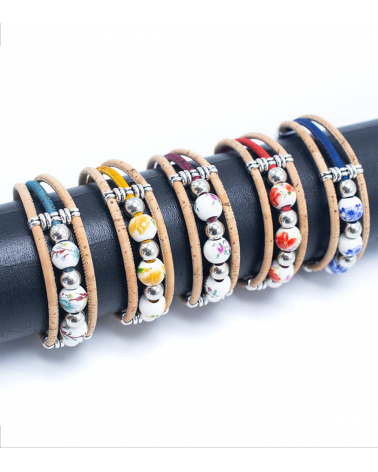 Bracelet fait main en liège et perles florales  - 8