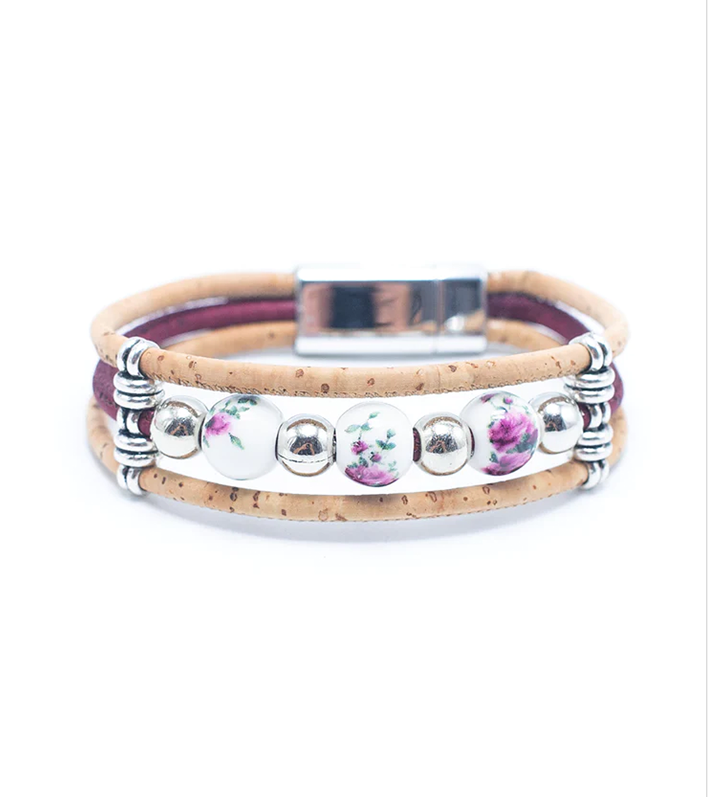 Bracelet fait main en liège et perles florales  - 3