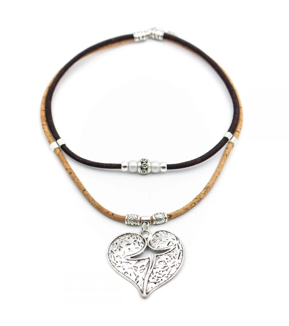 Collier en liège naturel femme - brun pendentif coeur  - 1