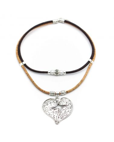 Collier en liège naturel femme - brun pendentif coeur  - 1