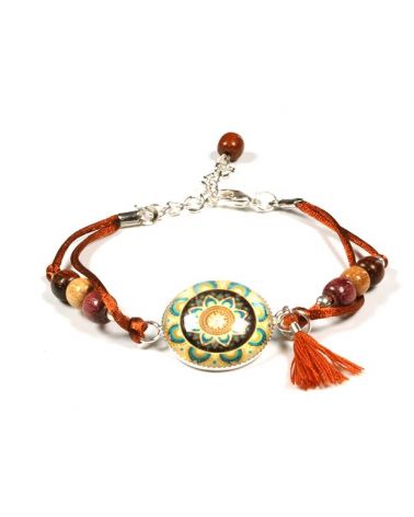 Double bracelet cordon couleur caramel et cabochon jaune/vert MaSestra - 1