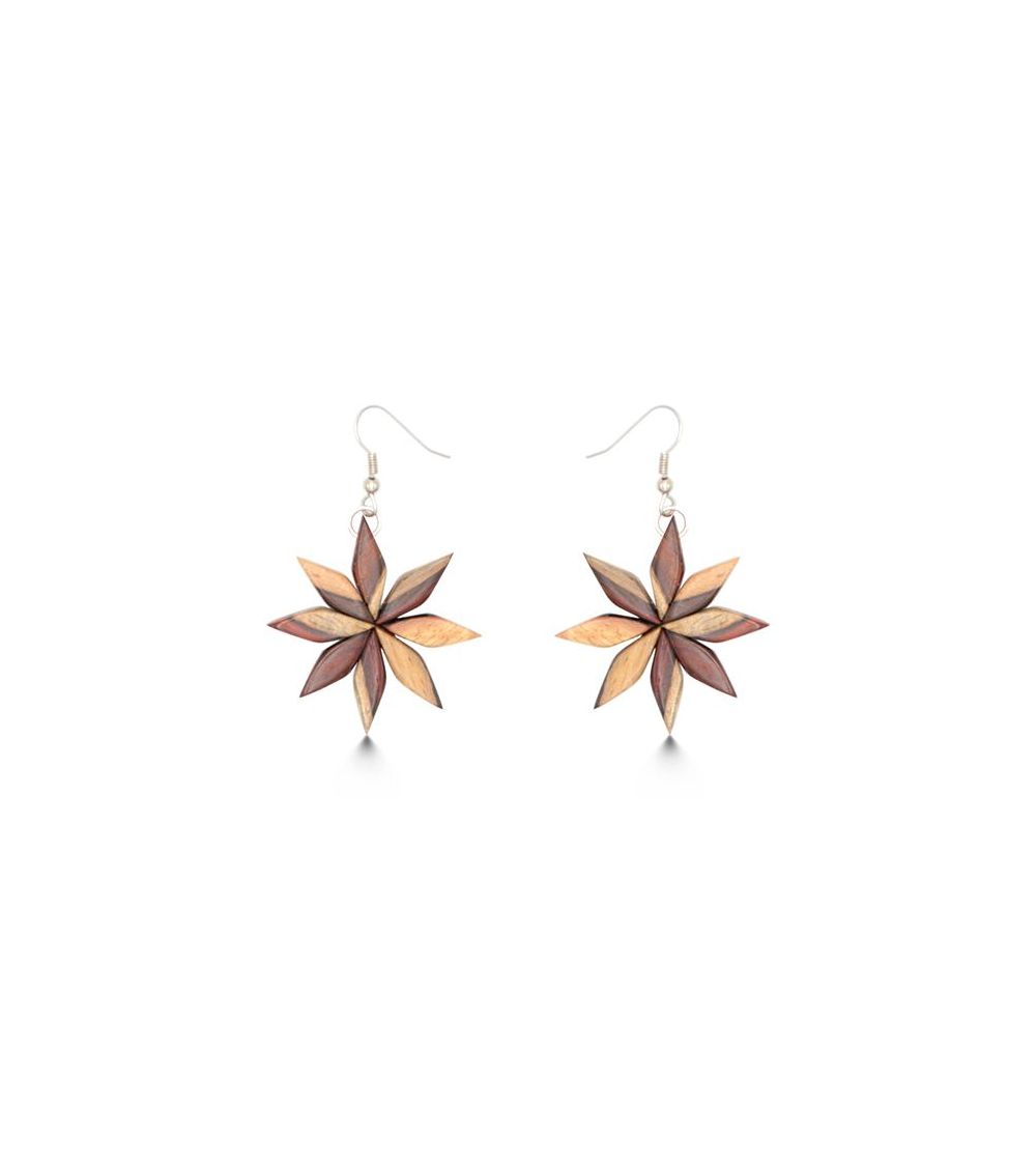 Boucles - d'oreille nature bois duo de palissandre forme fleur  - 1