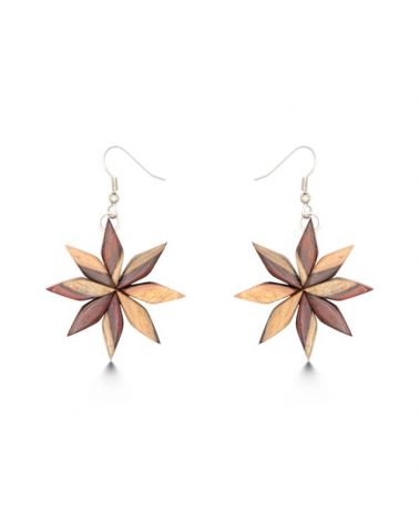 Boucles - d'oreille nature bois duo de palissandre forme fleur  - 1