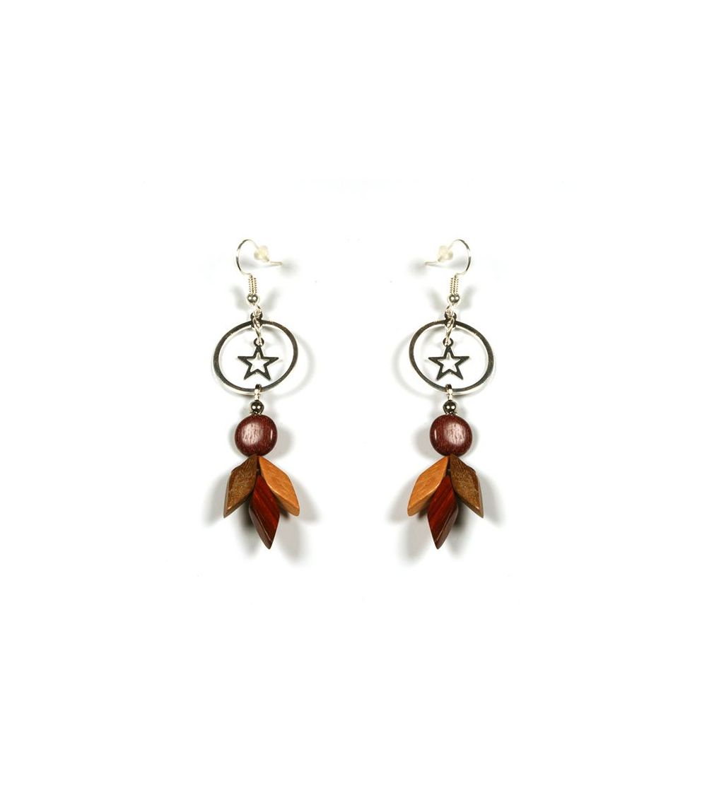Boucles d'oreilles et son filigrane cerclé argenté étoile, bois multicolore  - 1