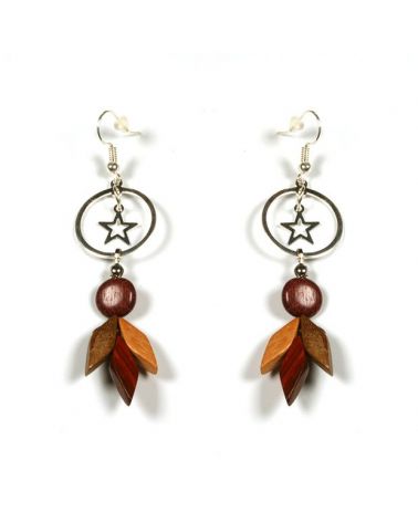 Boucles d'oreilles et son filigrane cerclé argenté étoile, bois multicolore  - 1