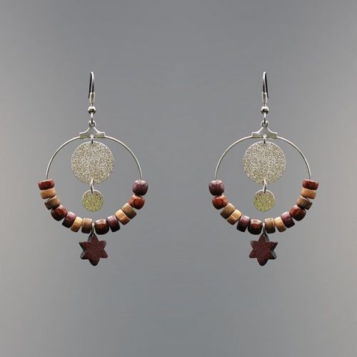 Boucles d'oreilles créole et bois précieux multibois motif lune et perles rondes MaSestra - 2