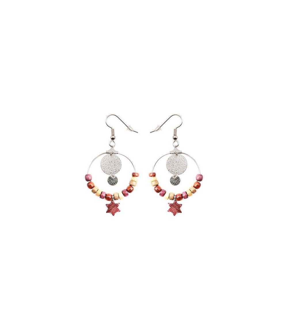 Boucles d'oreilles créole et bois précieux multibois motif lune et perles rondes MaSestra - 1