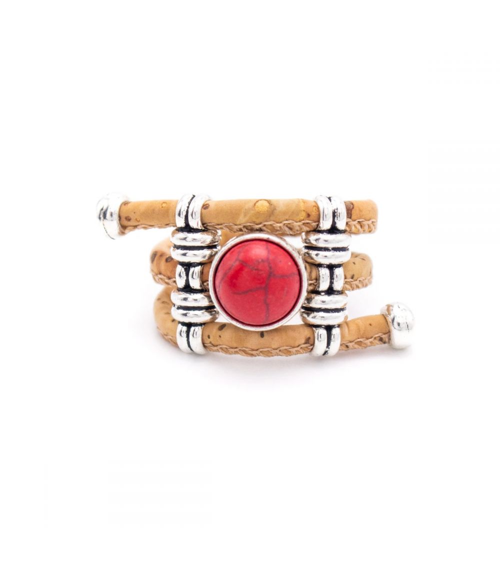 Bague Femme Vintage Argent et motif Céramique rouge avec nervures  - 1