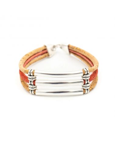 Bracelet en liège fait main trois brins de liège et tube métal argenté MaSestra - 1