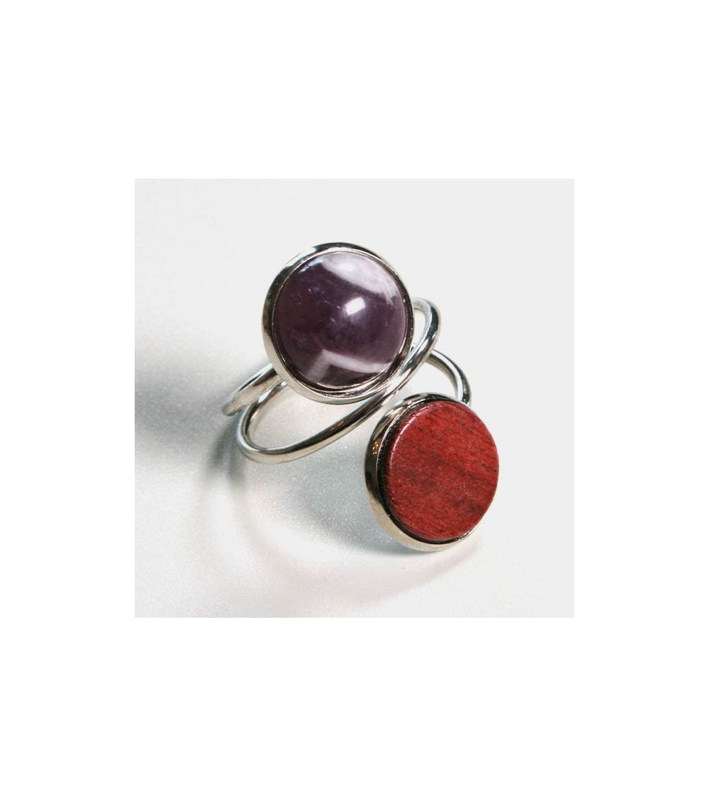 Bague En Bois Avec Perles Pierre Rouge Et Vert - Taille 60 - Couleur Gris Satin - Anneau Fantaisie Femme