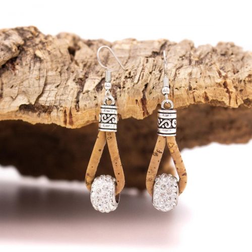 Boucles d'oreilles en liège naturel et strass  - 1